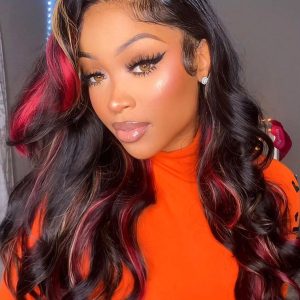 13x4 Lace Front Red And Blonde Loose Wave Wig Black with Red & Blonde Highlights