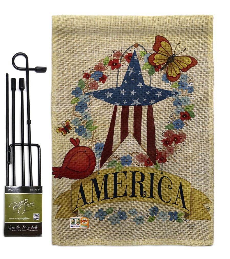 America Banner Star Burlap - Impressions Decorative Metal Garden Pole Flag Set G