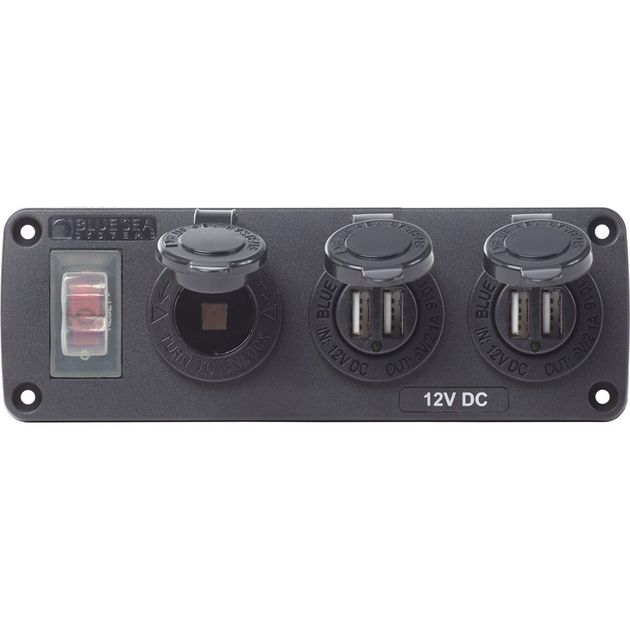 BLUE SEA 4365 WATER RESISTANT USB ACCESSORY PANEL - 15A CIRCUIT BREAKER, 12V SOCKET, 2X 2.1A DUAL USB CHARGERS