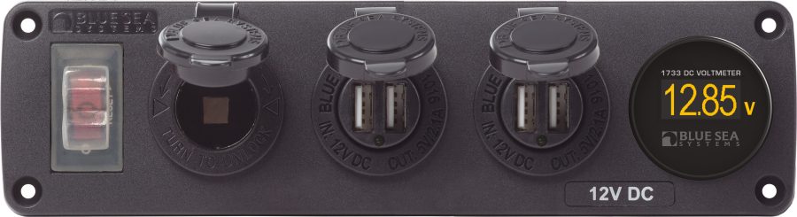 BLUE SEA 4368 Water-Resistant 12V 15A Circuit Accessory Panel Socket, 2-Dual USB, Volt Meter