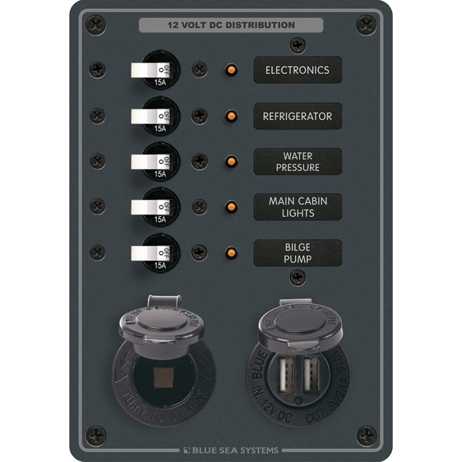 BLUE SEA 8120 BREAKER PANEL 5 POSITION W/DC SOCKET & DUAL USB