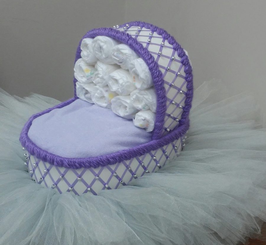 Bassinet Diaper Cake Lilac Purple and Silver Theme Baby Shower with Tutu Skirt