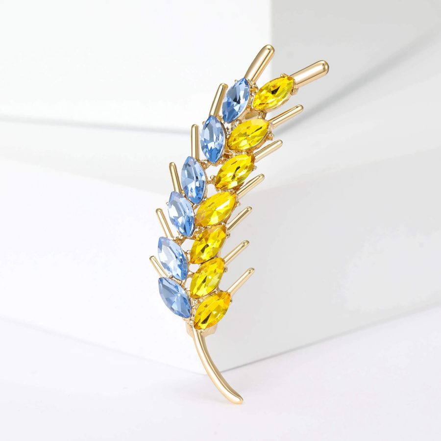 Blue & Yellow Gold-Colored Ukrainian Flag Straw Brooch With Simulated Gemstones