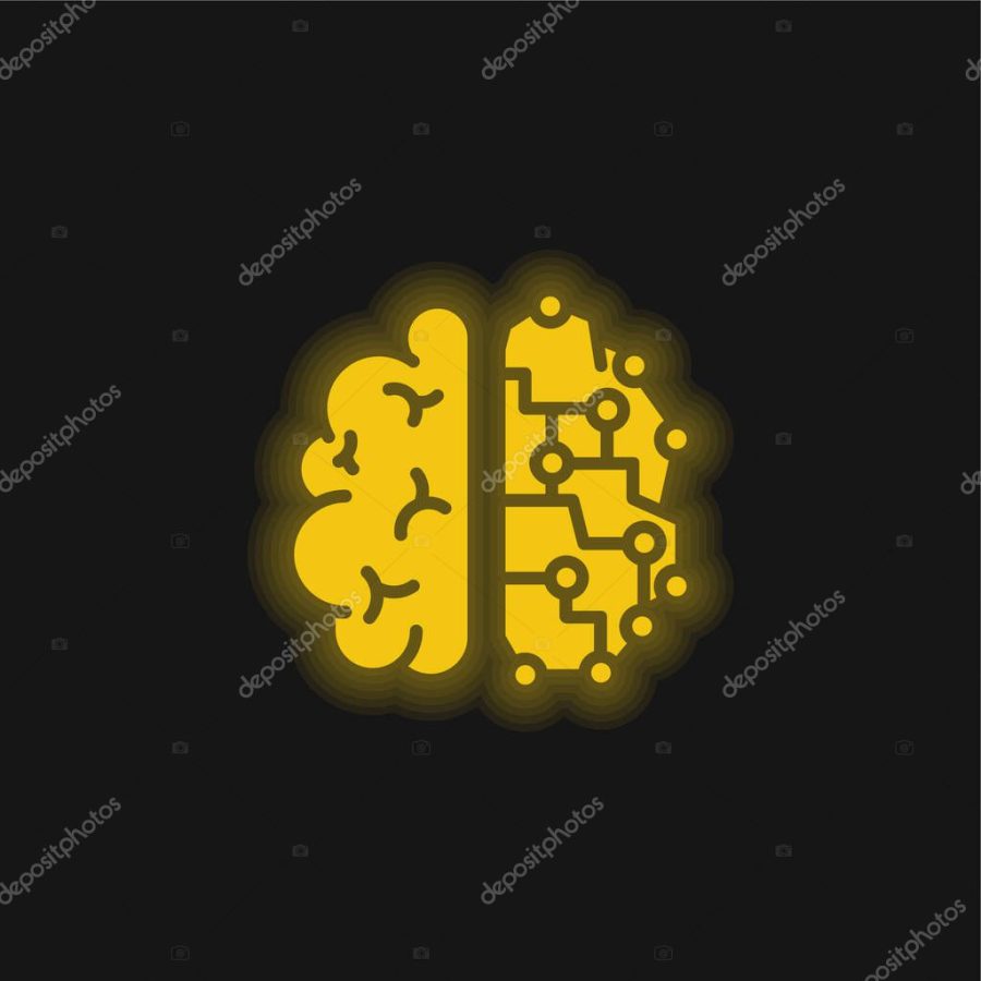 Brain yellow glowing neon icon