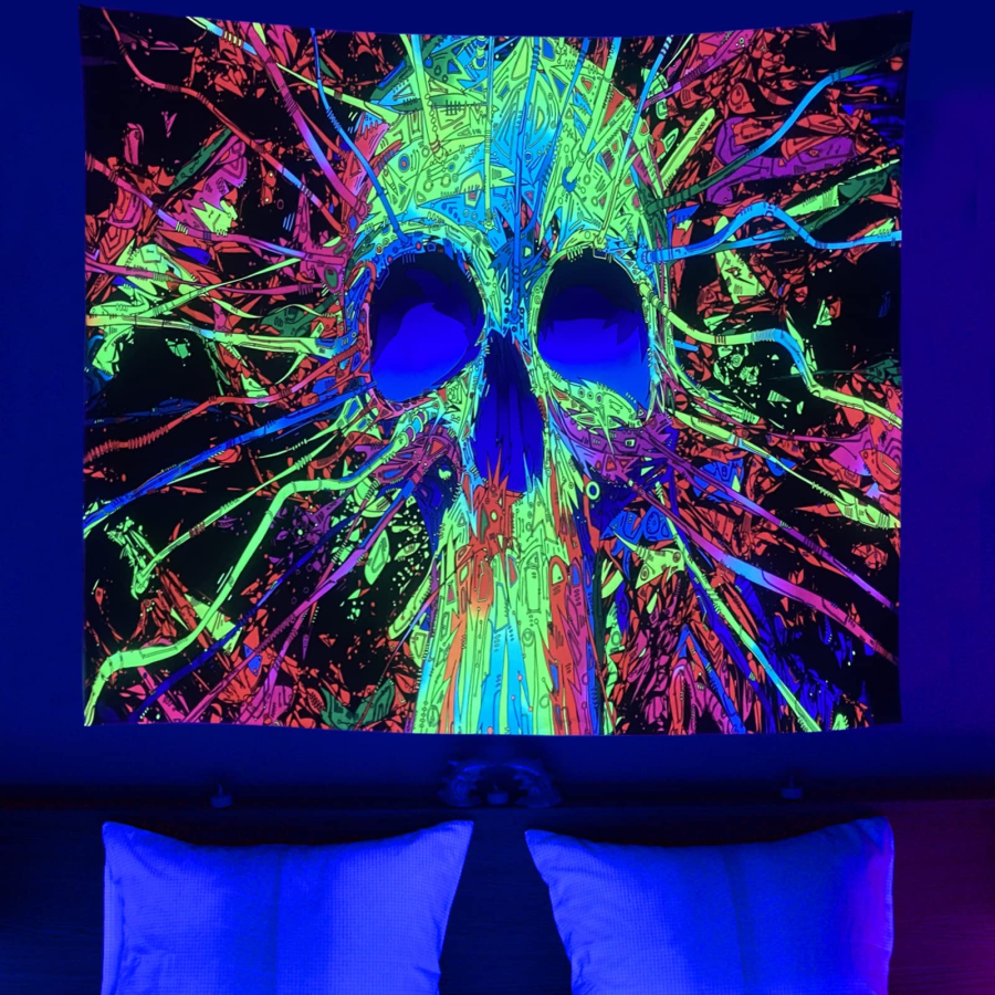 Colorful Hippie Skull Wall Blacklight Tapestry for Bedroom