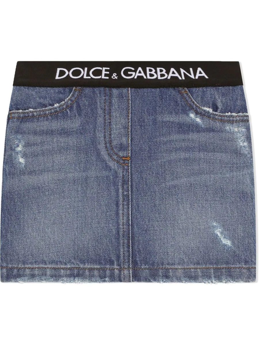 DOLCE & GABBANA KIDS Logo-Waistband Denim Skirt Blue