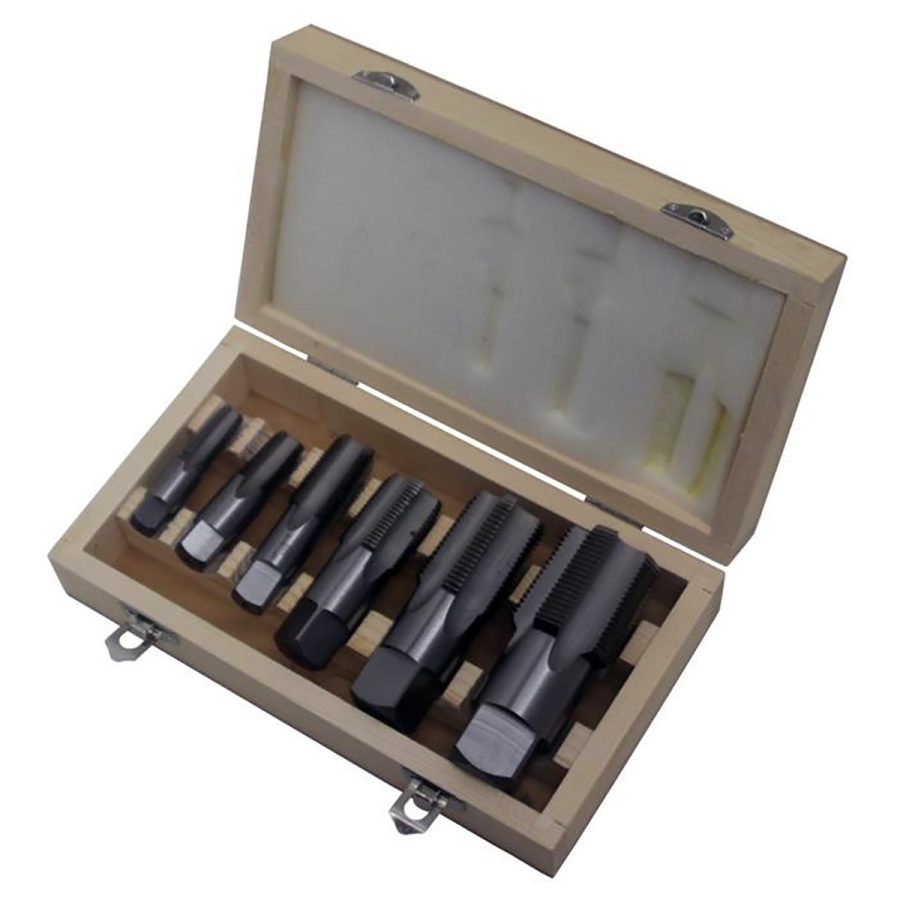 DRILL AMERICA DWTPT1/81-SET AMERICA Carbon Steel NPT Pipe Tap Set In Wood Case 1 INCH - 1-1/2 INCH (6 Piece Set)