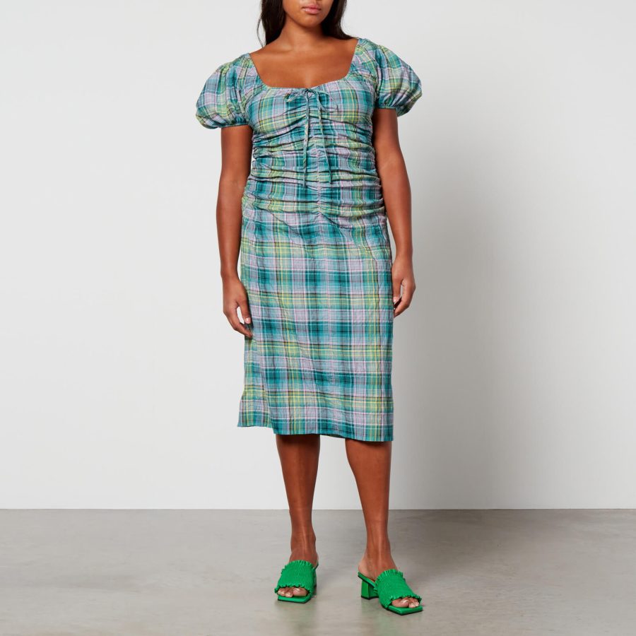 Ganni Checked Cotton-Blend Seersucker Midi Dress - EU 34/UK 6