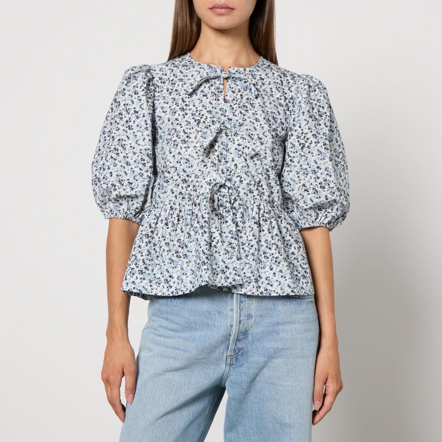 Ganni Printed Cotton-Poplin Peplum Blouse - EU 36/UK 8