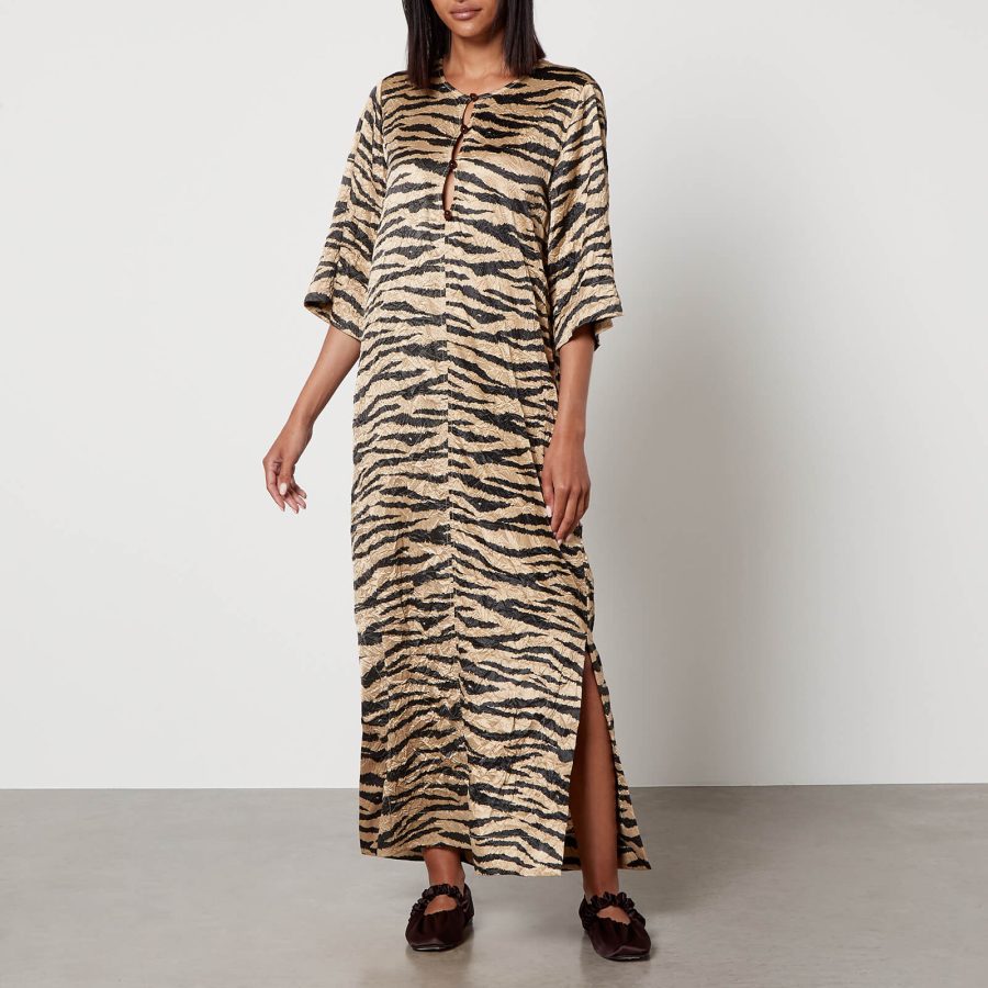 Ganni Tiger-Print Crinkled-Satin Maxi Dress - EU 42/UK 14