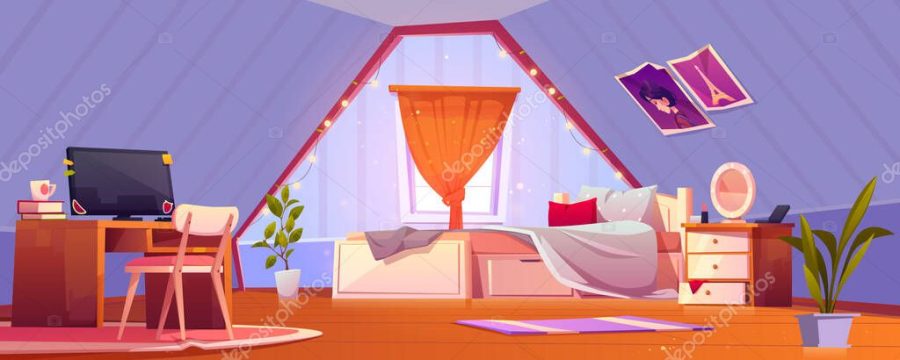 Girl bedroom interior on attic. Teen mansard room