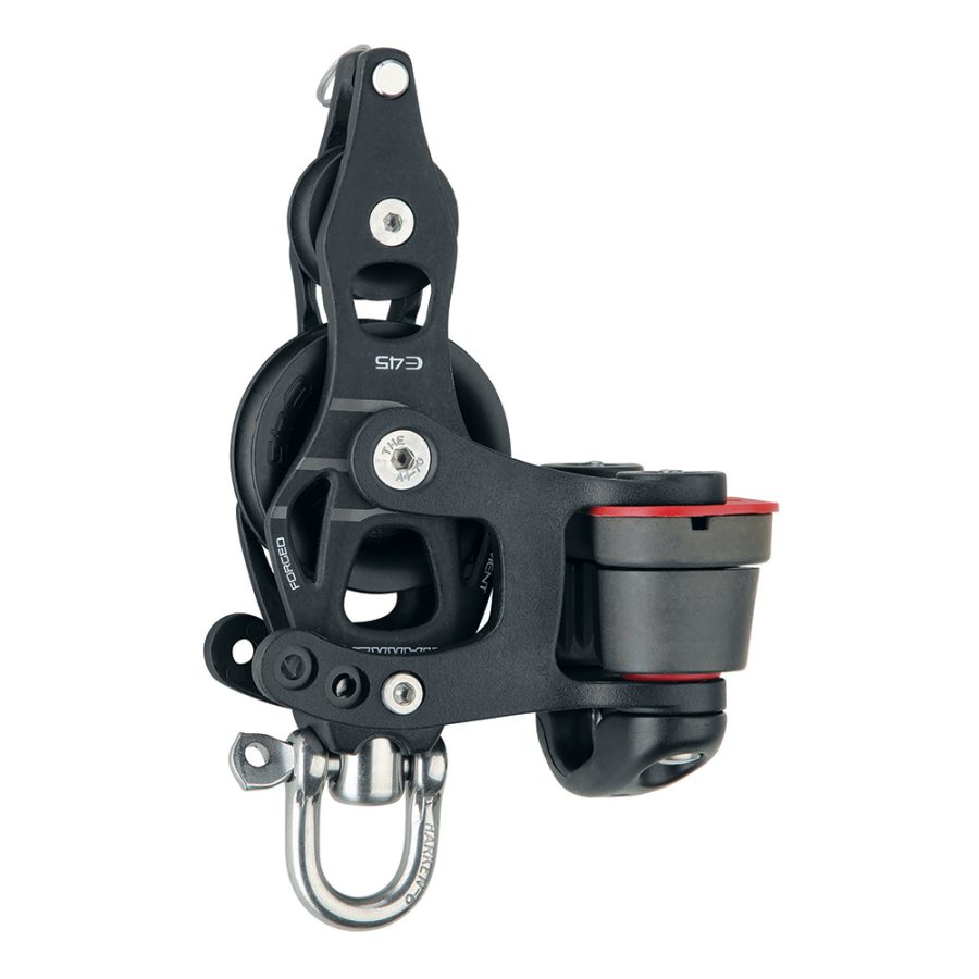 HARKEN 6234 45MM SINGLE ALUMINUM ELEMENT FIDDLE BLOCK W/SWIVEL, BECKET & 150 CAM CLEAT