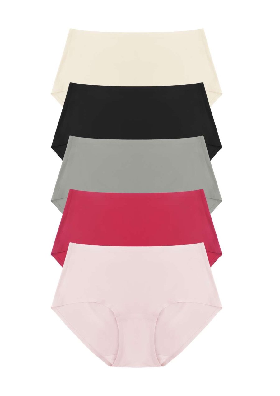 HSIA CoolFit Soft Stretch Seamless Brief Underwear Bundle - 5 Packs/$20 / ①(S-L) / Black+Peach Beige+Red+Dusty Rose+Gray