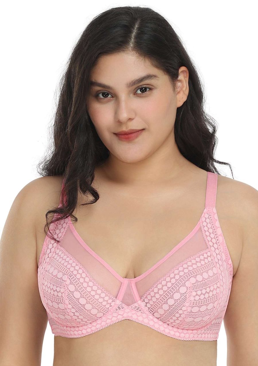 HSIA Heroine Lace Unlined Bra: Bra that Hides Back Fat - Plus Size - Pink / 34 / C