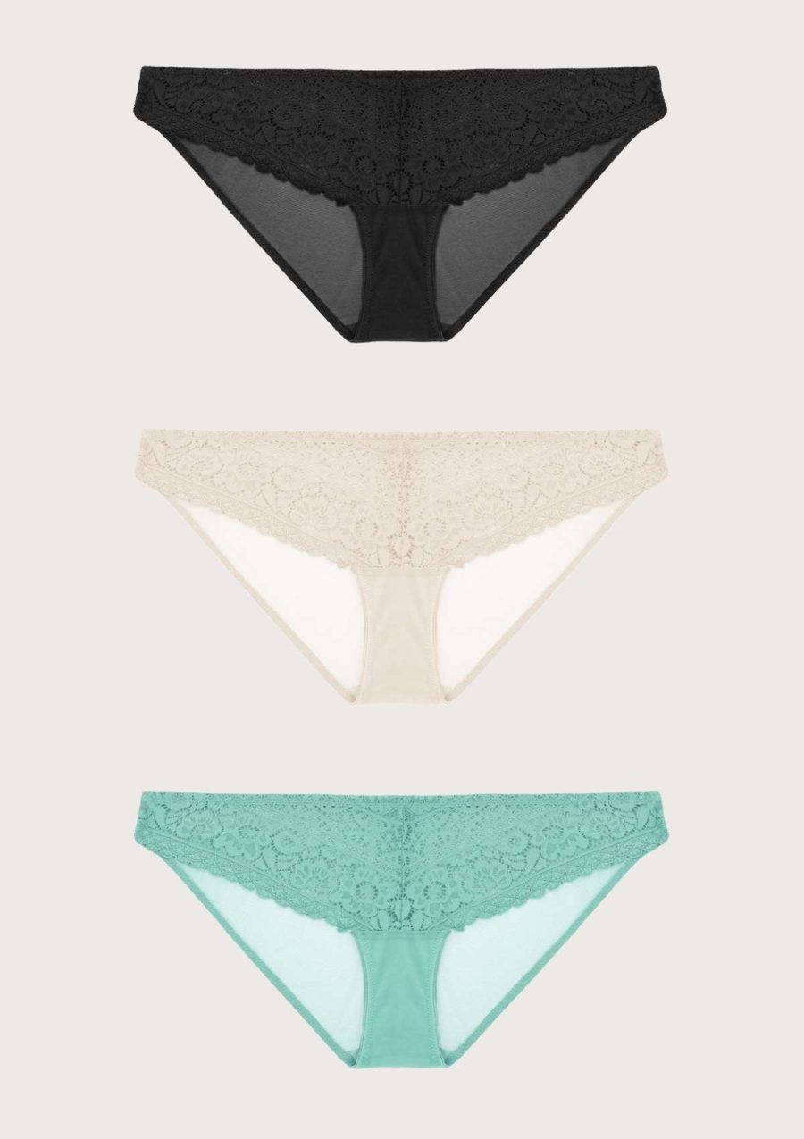 HSIA Leaf Flower Lace Bikini Panties 3 Pack - S / Black+Linen+Green