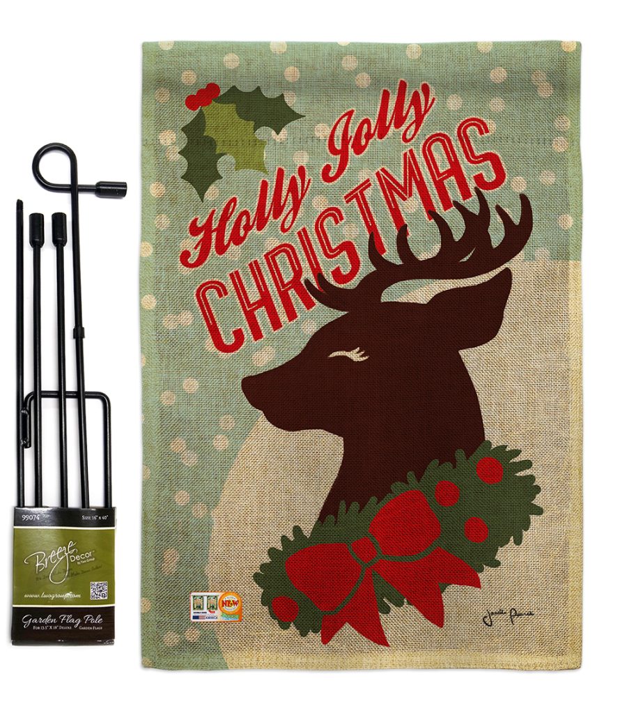 Holly Jolly Christmas Burlap - Impressions Decorative Metal Garden Pole Flag Set