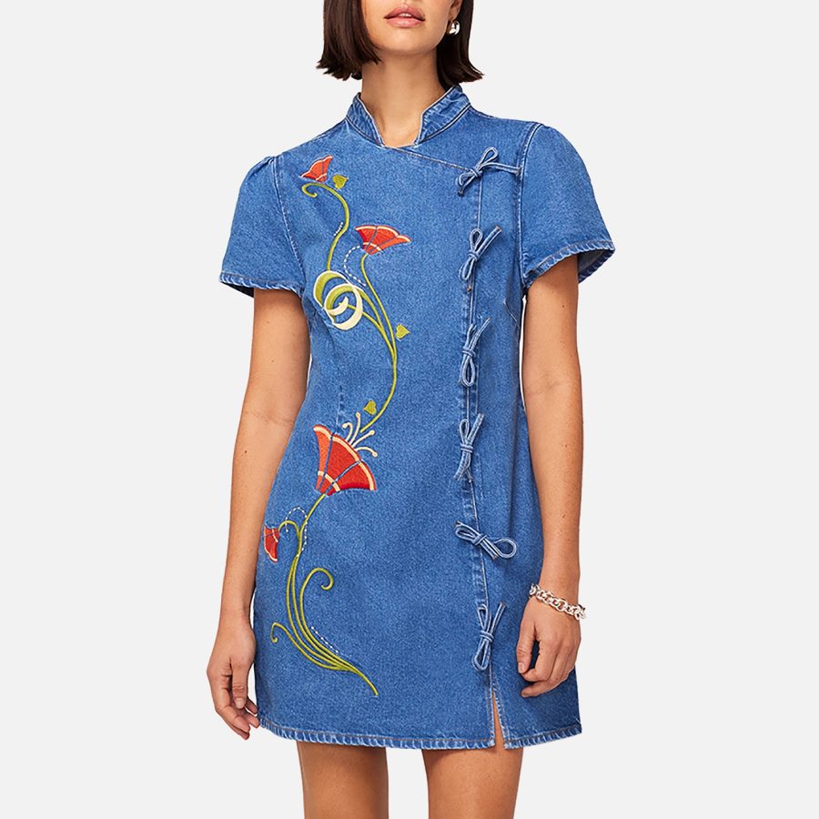 Kitri Harlow Embroidered Denim Mini Dress - UK 12