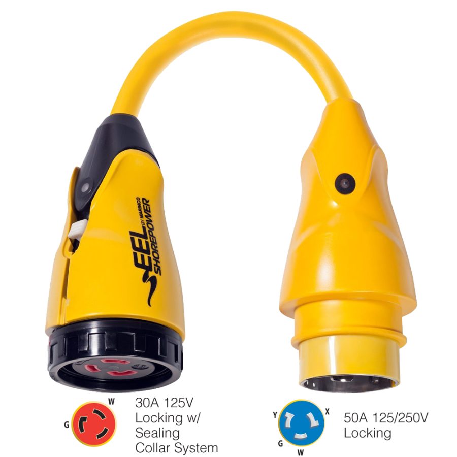 MARINCO P504-30 EEL 30A-125V Female to 50A-125/250V Male Pigtail Adapter - Yellow