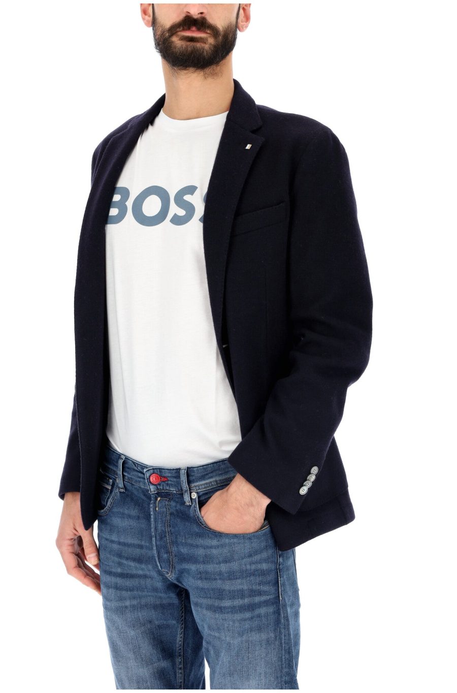 Men's BOSS STYLE C-HANRY-J-224 - 50484647 DARK BLUE slim fit wool-blend jacket with microfantasy