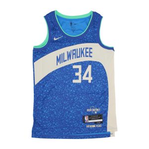 Men's Basketball Tank Top Nba City Edition 2023/24 Swingman Jersey 34 Giannis Antetokounmpo Milbuc Photo Blue