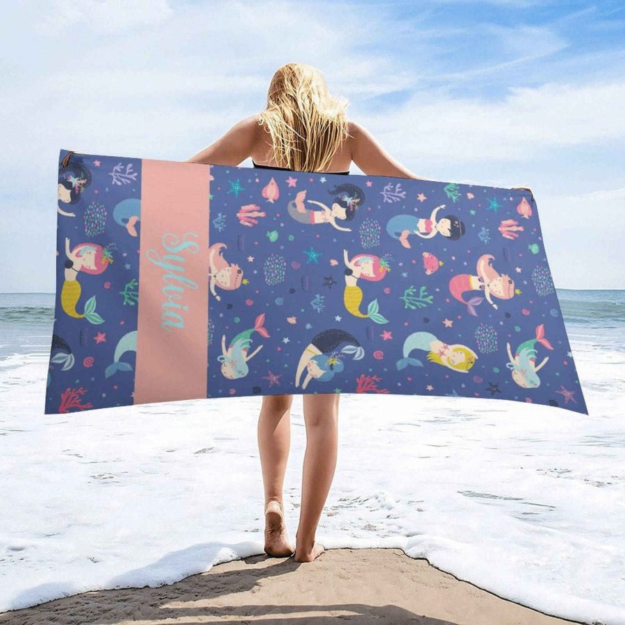 Mermaid Princess Under Sea Custom Name Beach Towel - Aperturee