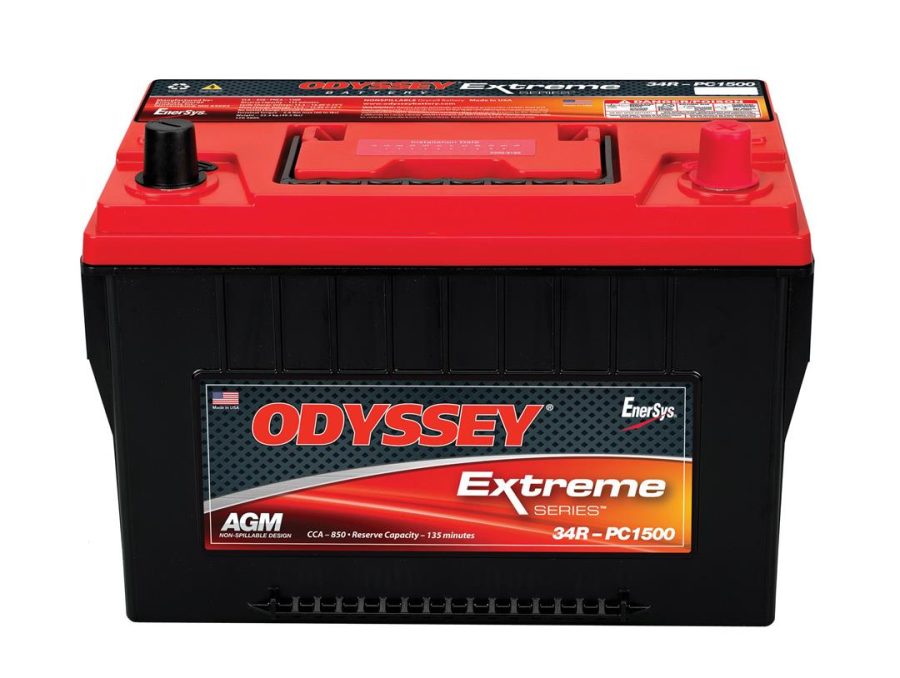 ODYSSEY 34RPC1500 Battery; Extreme Series; Group 34R; 12 Volt; 850 Cold Cranking Amps/ 1500 Pulse Hot Cranking Amps; SAE Terminal; Drycell (Starved Electrolyte); 10.86 Inch Length; 6.77 Inch Width; 7.88 Inch Height; Hold-Down Kit Available