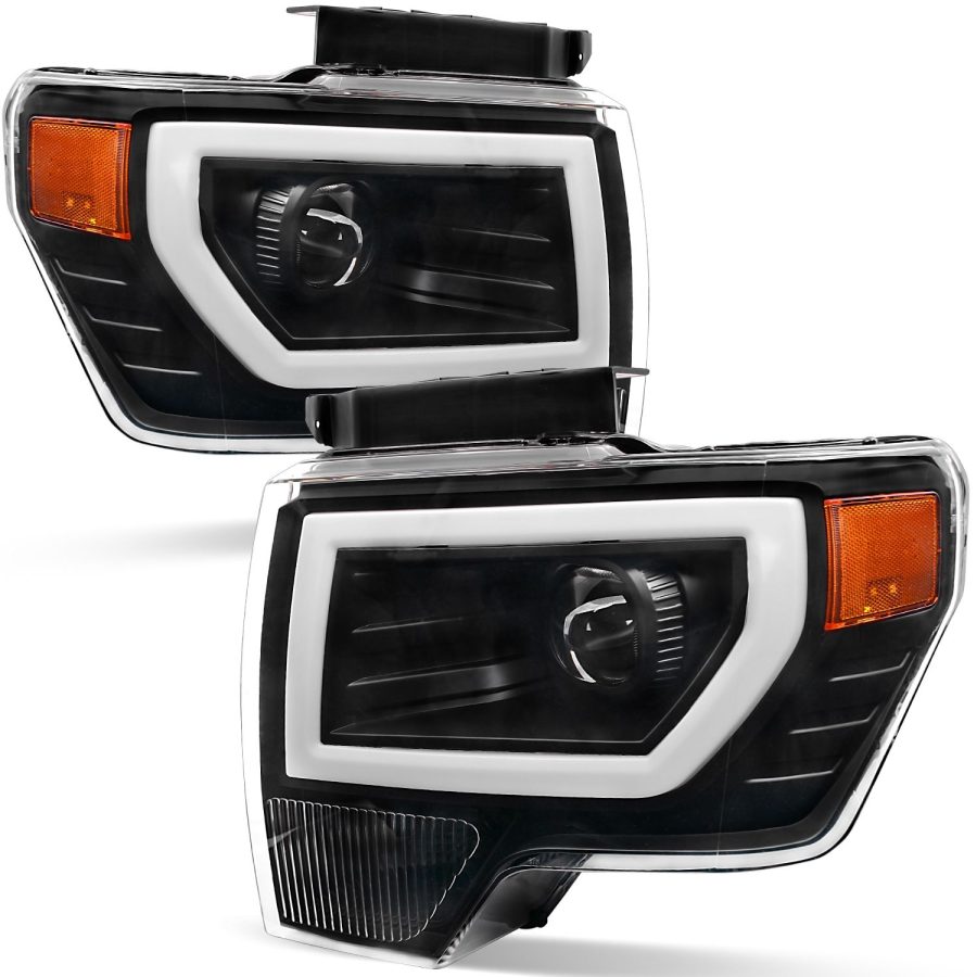 OEDRO? Headlights Assembly for 2009-2014 Ford F-150, LED Tube DRL Dual Projector Clear Lens Black Housing Headlamps