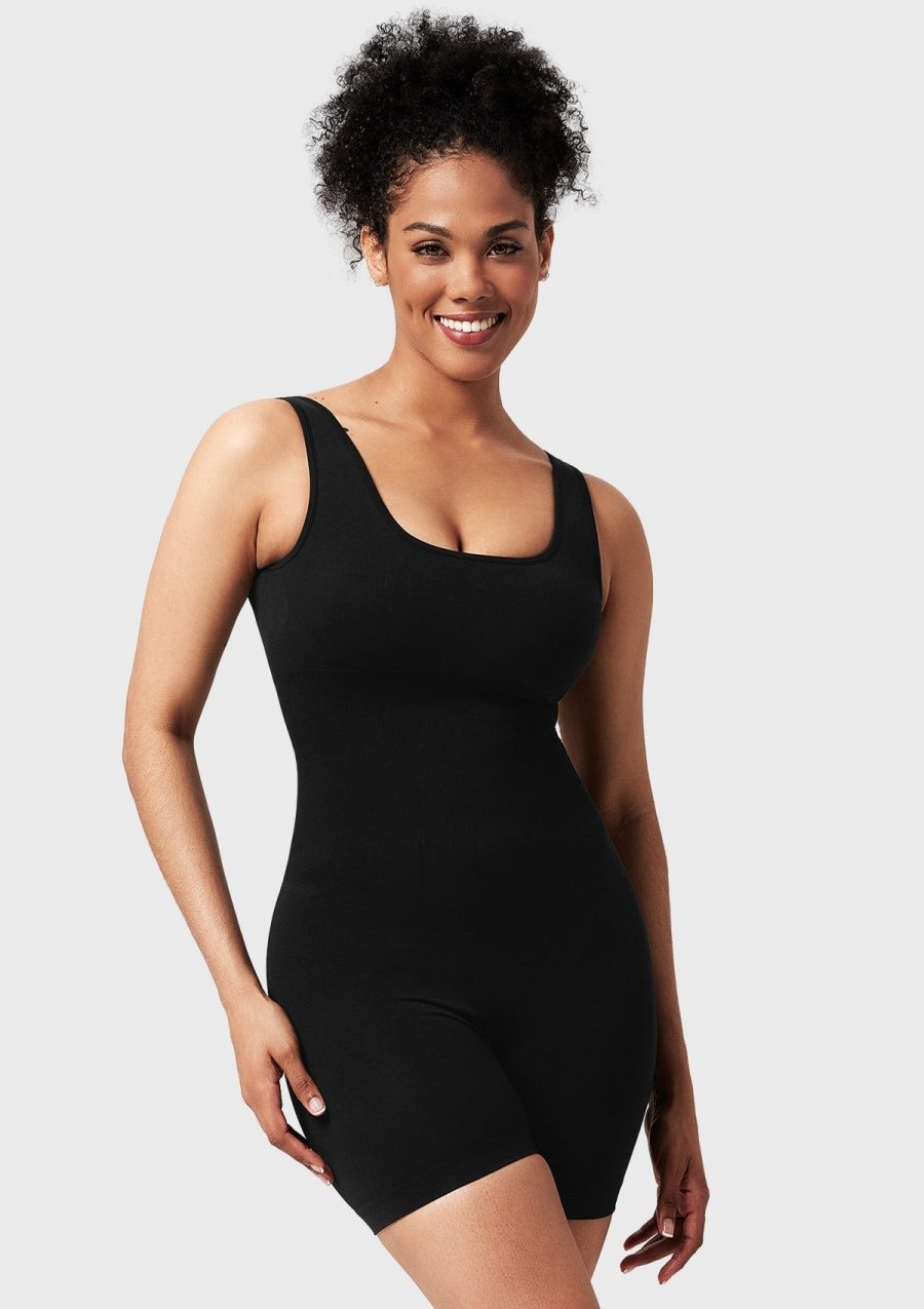 Songful Square Neck Sculpting Tummy Control Bodysuit One Piece Workout Sleeveless Romper - Black / S