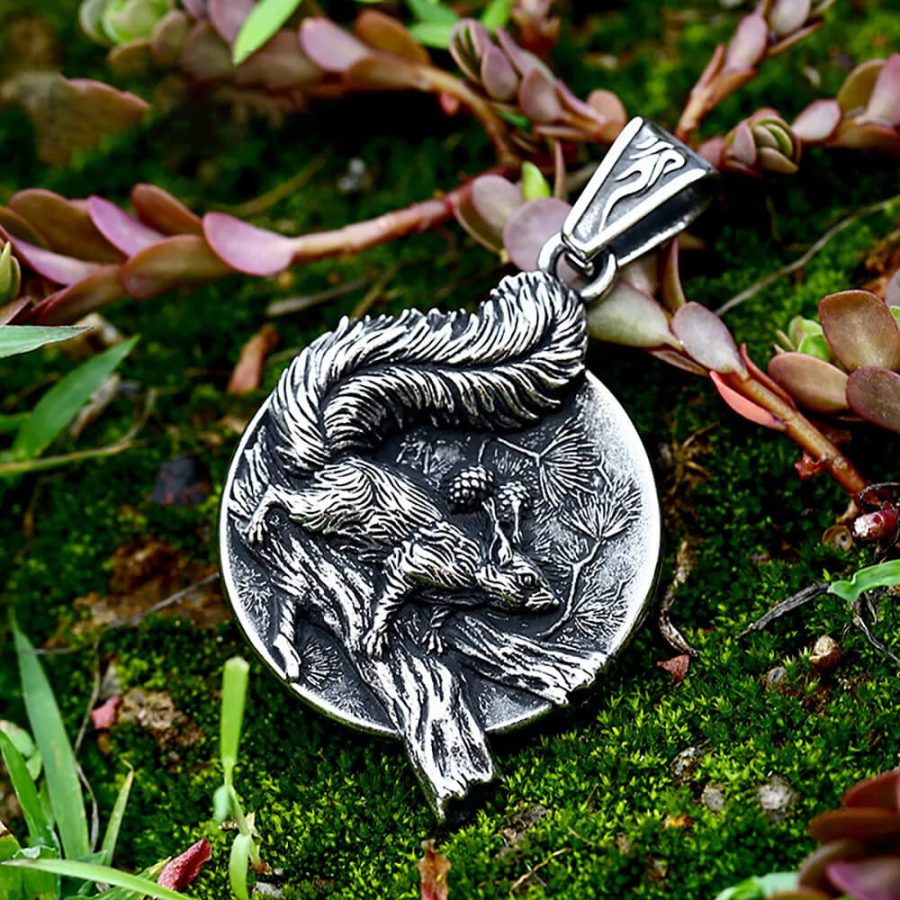 Squirrel On a Tree With Cones Stainless Steel Pendant Necklace
