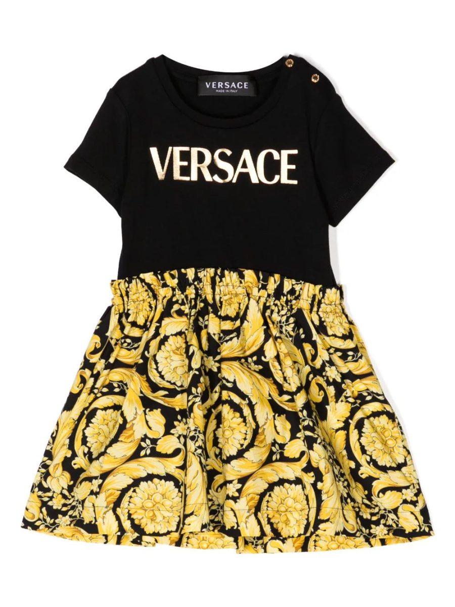 VERSACE BABY Girls Logo-Print Baroque-Pattern Cotton Dress Black Yellow