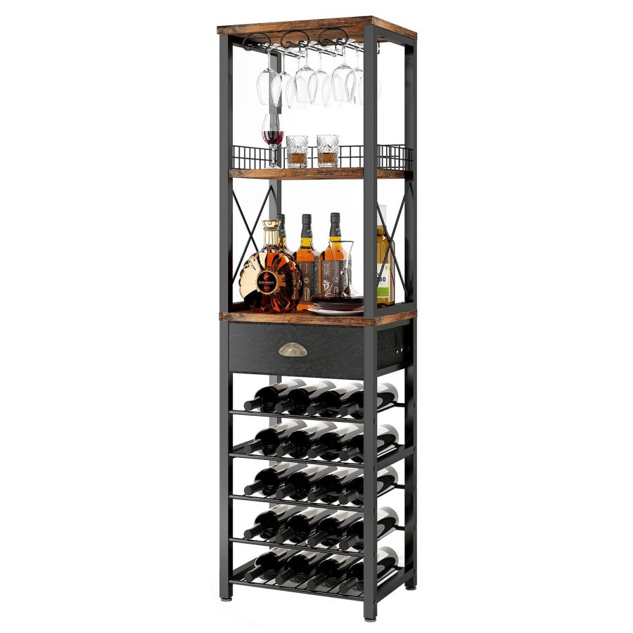 Wine Rack Freestanding Floor, Bar Cabinet For Liquor And Glasses, 4-Tier Bar Cab