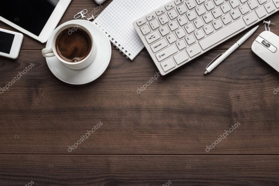 overhead of office table with copy space