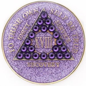 1 Year Purple Glitter with Lavender Swarovski Crystals Tri-Plate Alcoholics Anon