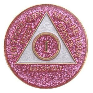 12 Year Pink Glitter Tri-Plate Alcoholics Anonymous Medallion- AA Sobriety Chip