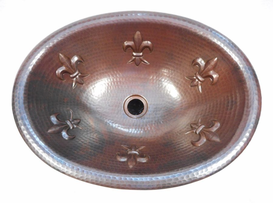 19" x 14" Oval Copper Bath Sink Fleur de Lis Motif Self Rimming Drop In Installa