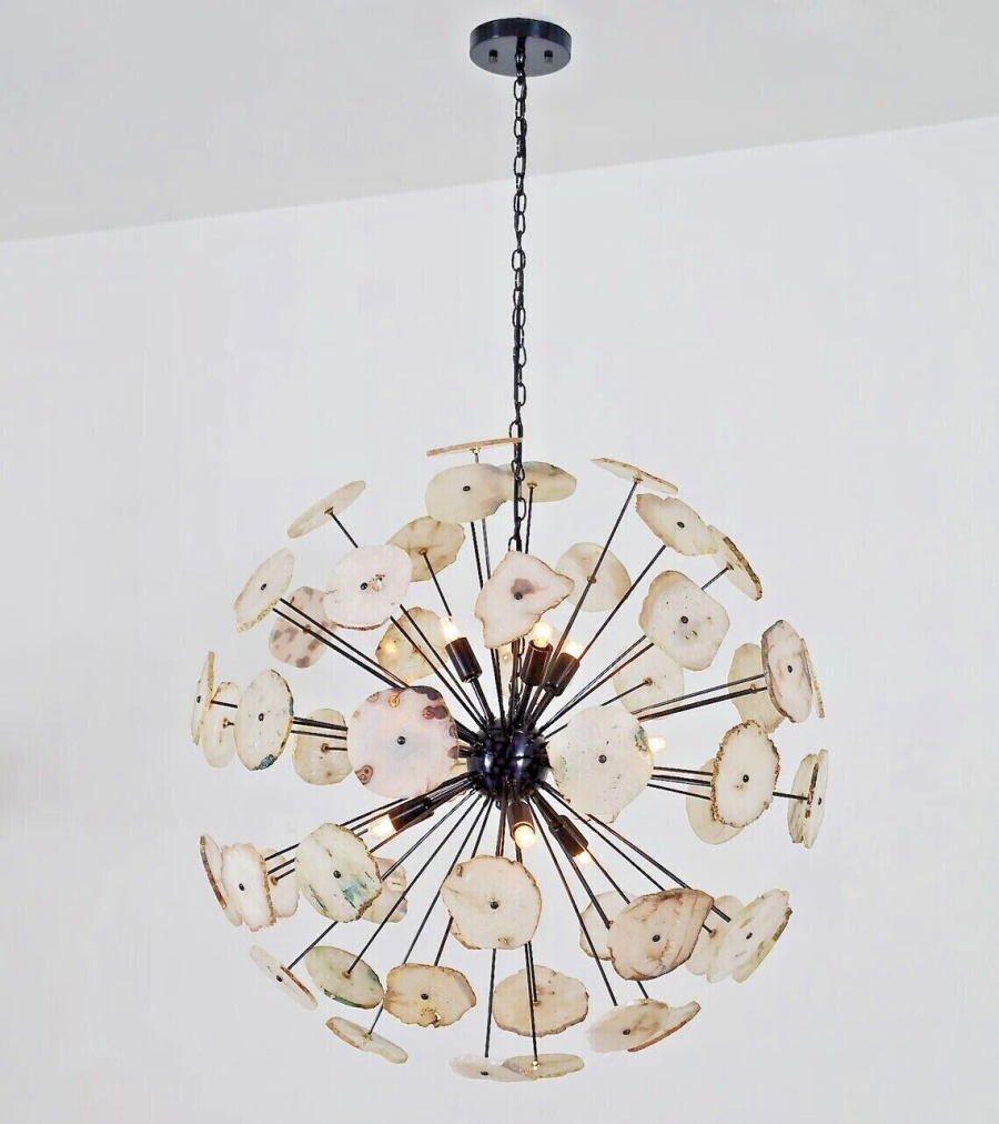 1950 CENTURY BRASS WHITE AGATE STONE URCHIN SPUTNIK CHANDELIER VINTAGE STILNOVO