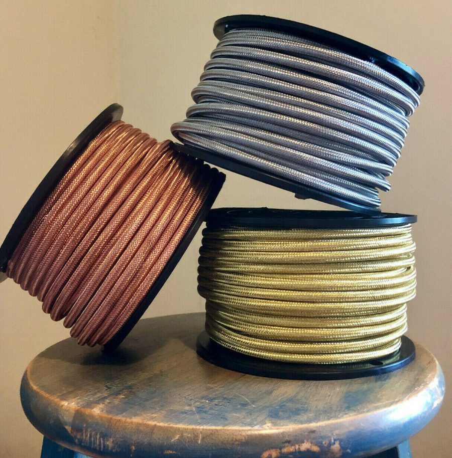 20' Metal Covered Cord - Round 3-wire Metal Braided Cable, Copper Brass or Steel