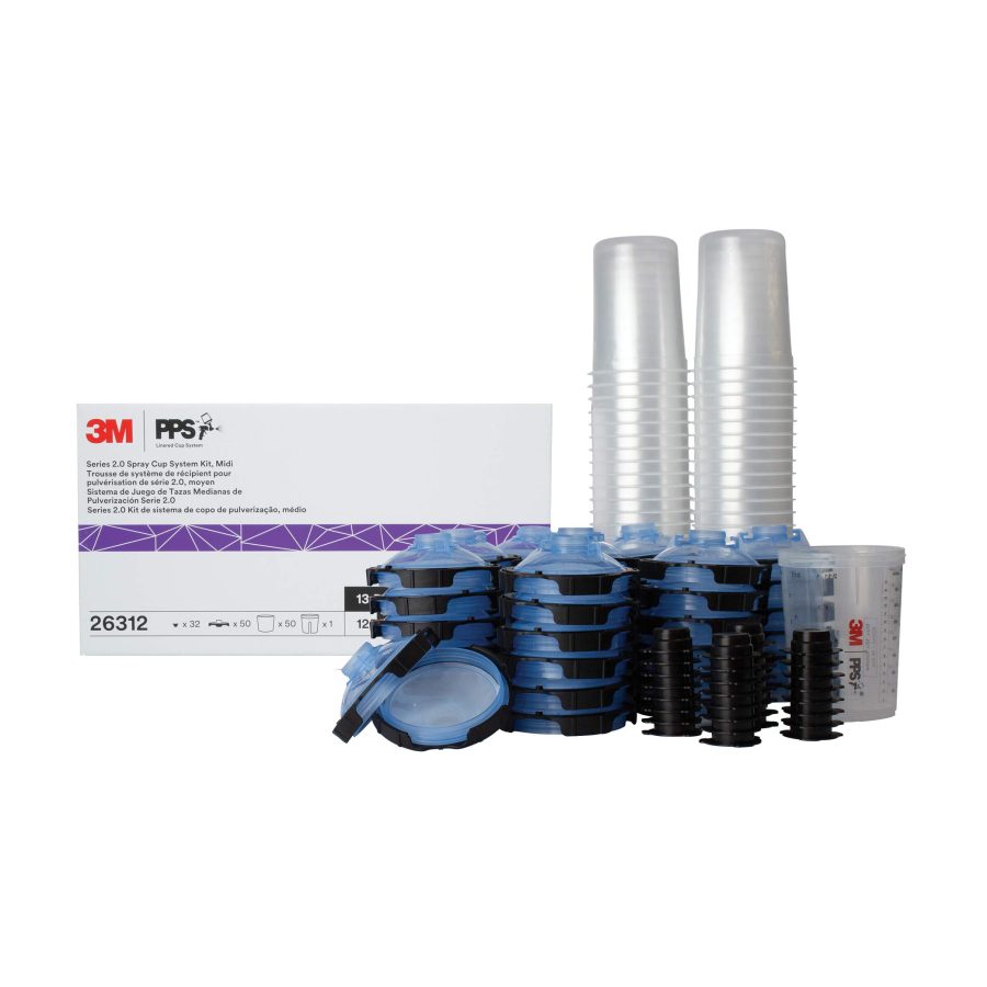 3M 26312 PPS 2.0 Spray Gun Cup, Lids and Liners Kit, Midi, 13.5 Ounces, 125-Micron Filter, Use for Cars, Furniture, House and More, 1 Paint Cup, 50 Disposable Lids and Liners, 32 Sealing Plugs