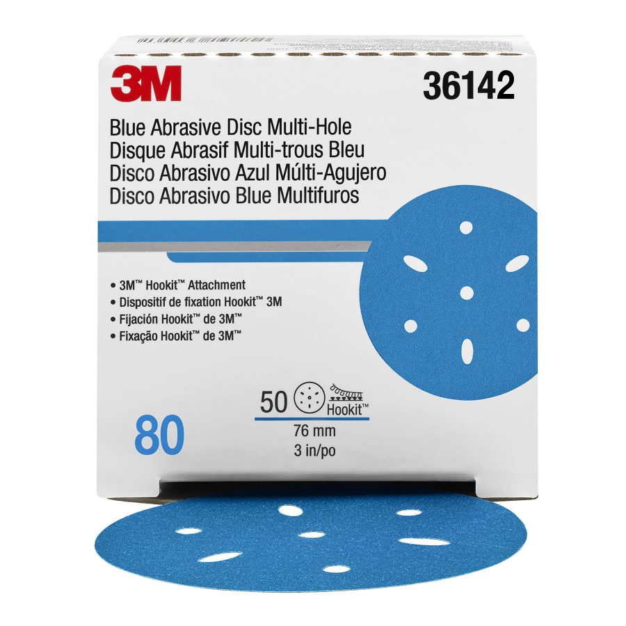 3M 36142 Blue Abrasive Discs Multi-Hole, 3 in, 80+ Grade, Pack of 50, Virtually Dust-Free, for Auto Sanding, Body Repair, Featheredging, Primer Sanding, Paint Preparation, E-Coat Sanding