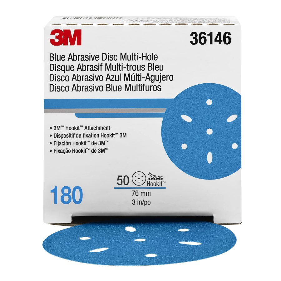 3M 36146 Blue Abrasive Discs Multi-Hole, 3 in, 180+ Grade, Pack of 50, Virtually Dust-Free, for Auto Sanding, Body Repair, Featheredging, Primer Sanding, Paint Preparation, E-Coat Sanding