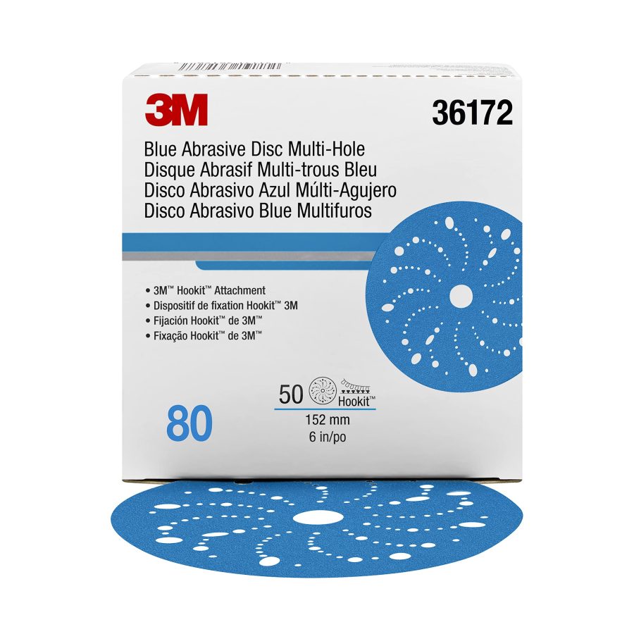 3M 36172 Blue Abrasive Discs Multi-Hole, 6 in, 80+ Grade, Pack of 50, Virtually Dust-Free, for Auto Sanding, Body Repair, Featheredging, Primer Sanding, Paint Preparation, E-Coat Sanding