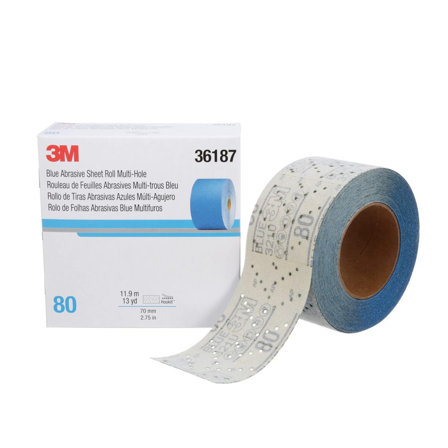 3M 36187 Blue Abrasive Sheet Roll, Multi-Hole, 2.75 in x 13 yd, 80+ Grade, Automotive Sanding Roll Sandpaper for Coating Removal, Body Repair, Auto Sanding