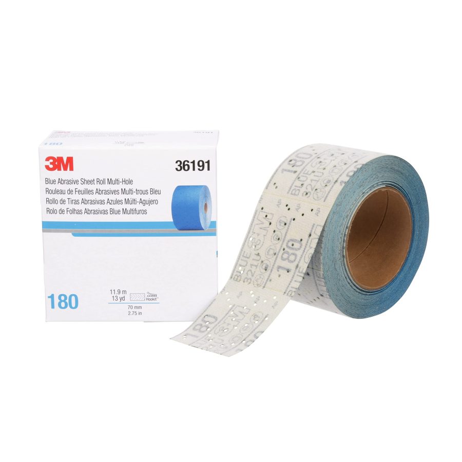 3M 36191 Blue Abrasive Sheet Roll, Multi-Hole, 2.75 in x 13 yd, 180+ Grade, Automotive Sanding Roll Sandpaper for Coating Removal, Body Repair, Auto Sanding