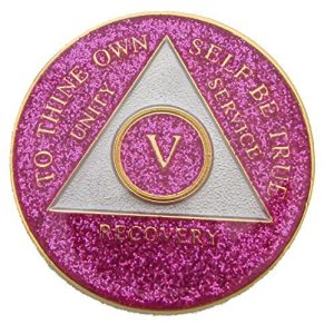 44 Year Pink Glitter Tri-Plate Alcoholics Anonymous Medallion- AA Sobriety Chip