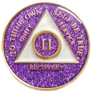 5 Year Purple Glitter Tri-Plate Alcoholics Anonymous Medallion- AA Sobriety Chip