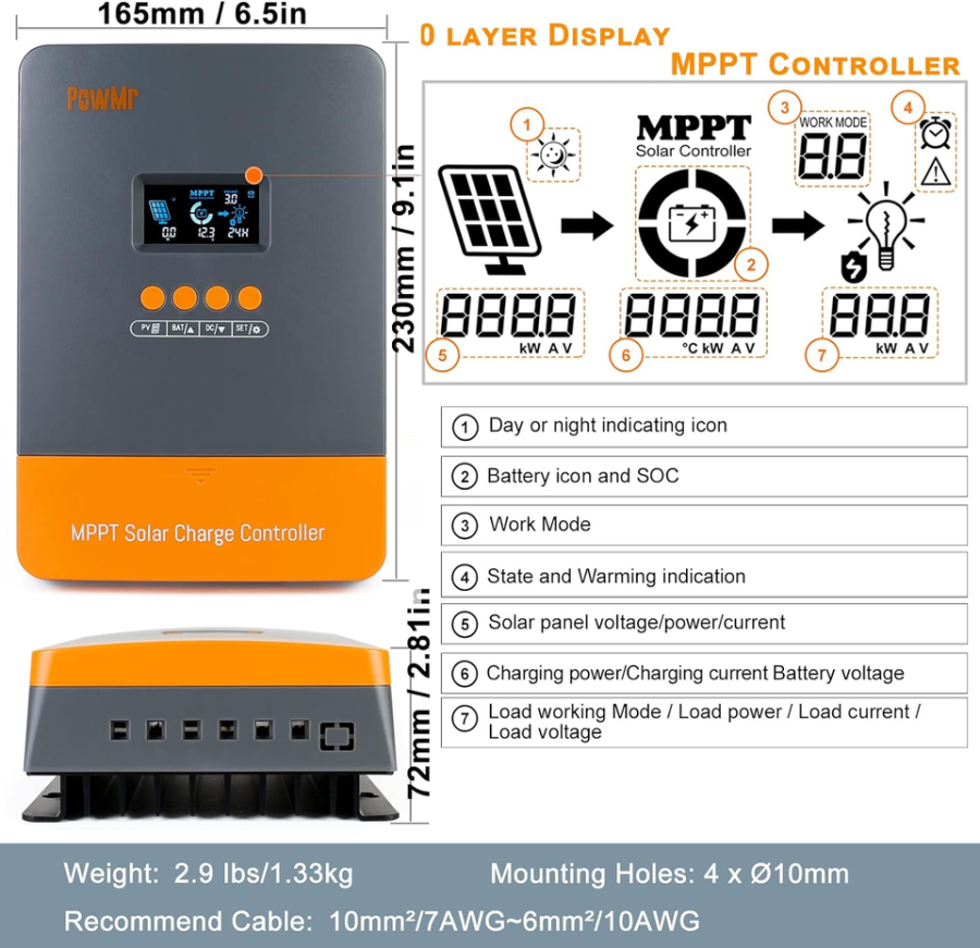 60AMP MPPT Charg Controller, Fit for 12V 24V 36V 48V Lead-Acid Lithium Battery,