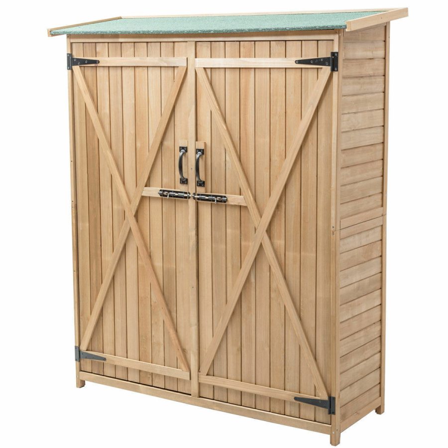 64" Wooden Storage Shed Cabinet Garden Outdoor Fir Wood Lockers Double Doors