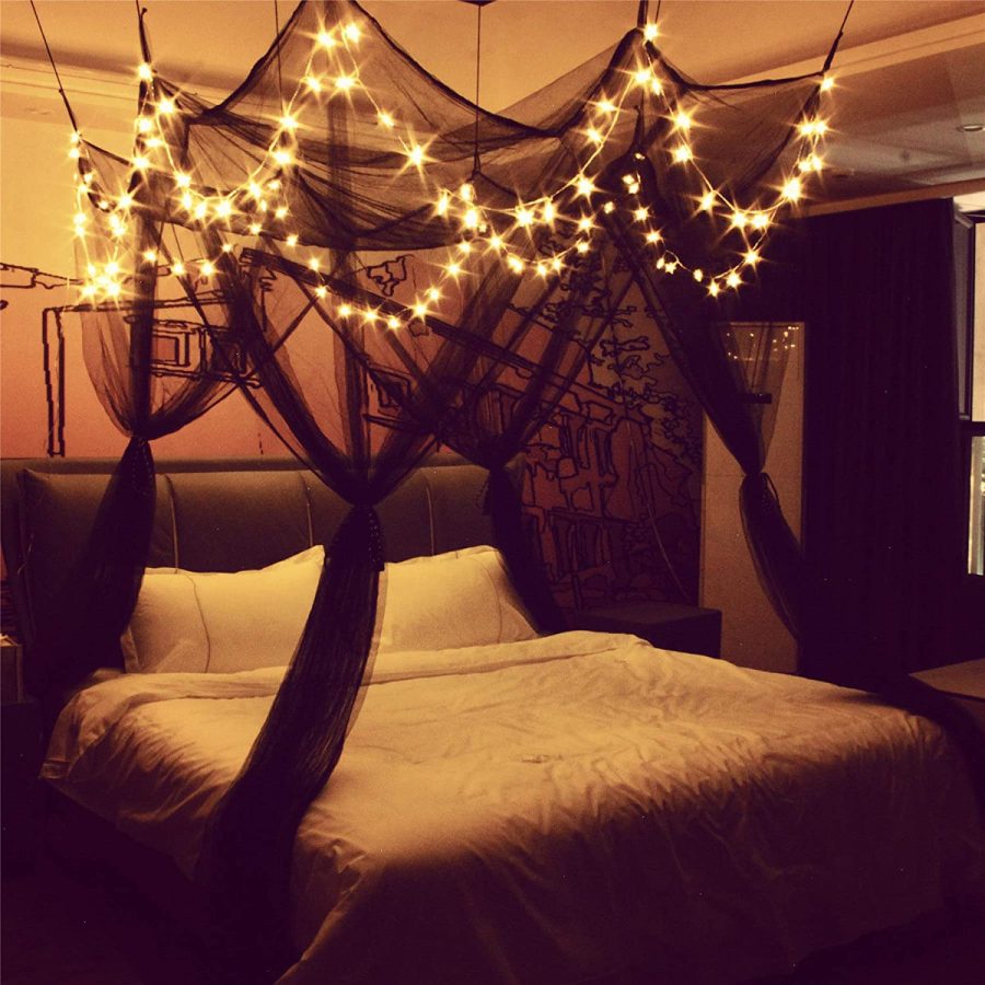 8 Corner Bed Canopy With 100 Led Star String Lights Battery Operated, Bed Nettin