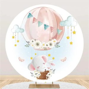 Animal Pink Air Balloon Round Baby Shower Backdrop - Aperturee