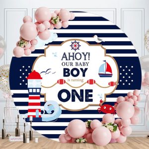 Aperturee Ahoy Baby Boy Blue Sea 1St Birthday Backdrop | Birthday Round Backdrop | Round Backdrop Fabric Cover | Happy Birthday Round Backdrop Cover